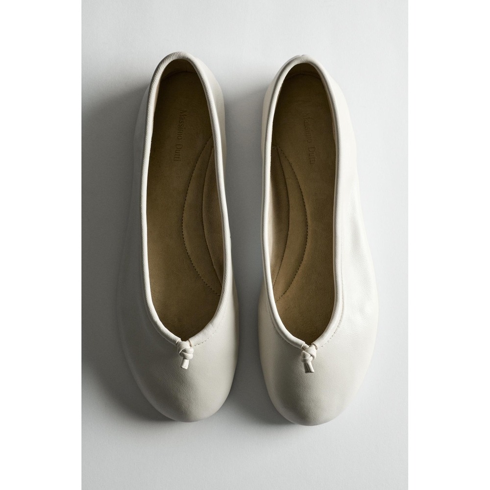 NEW Massimo Dutti White Crackle Leather Ballet Flats Knotted Bow Round Toe - 39